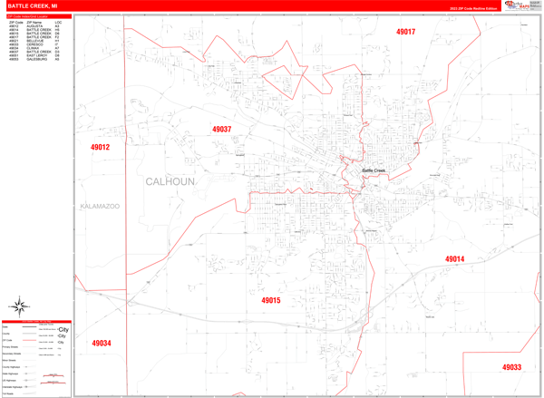 Battle Creek City Wall Map Red Line Style